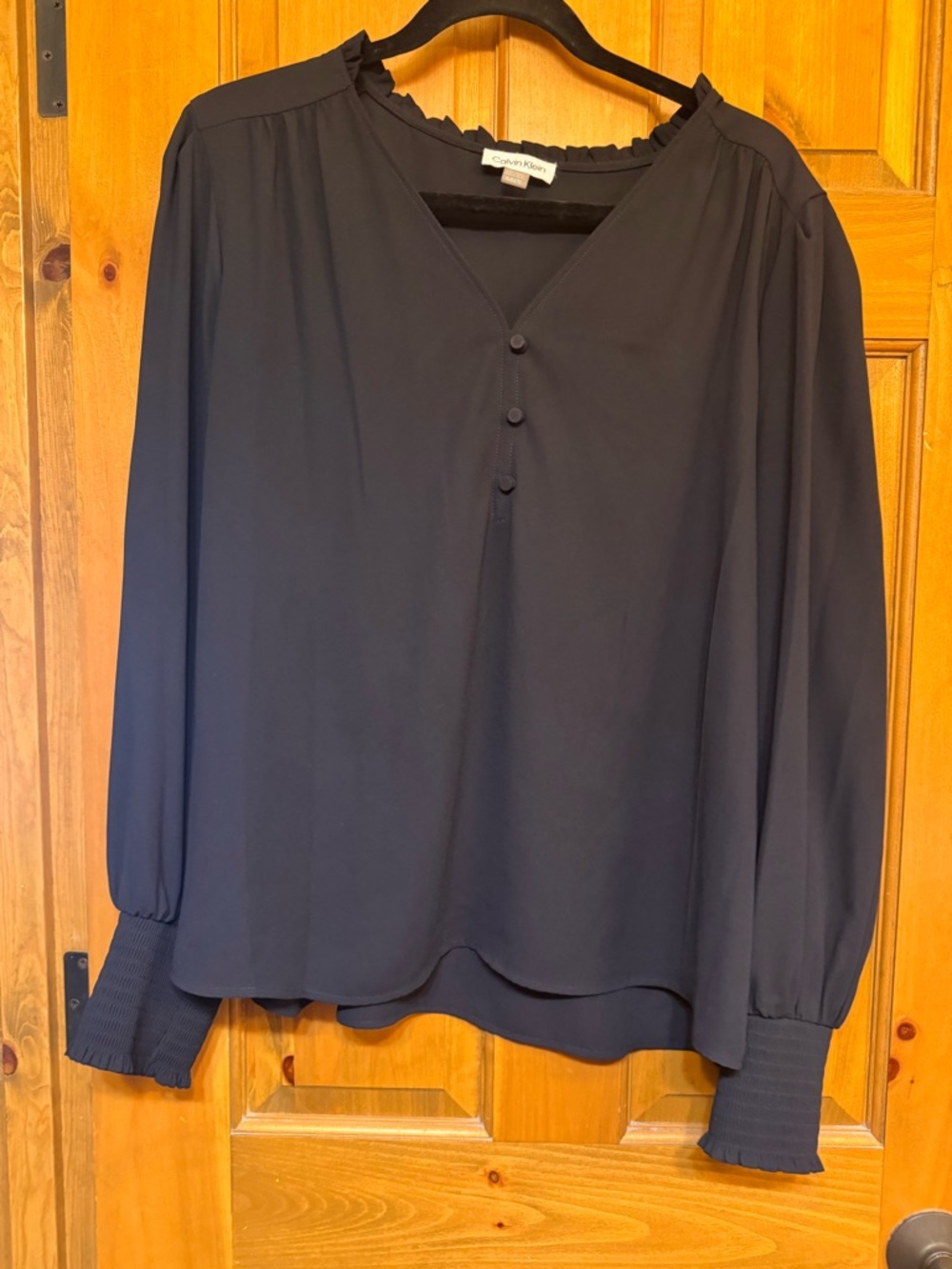 Calvin Klein Navy V-Neck Long Sleeve Blouse with Ruffle Trim